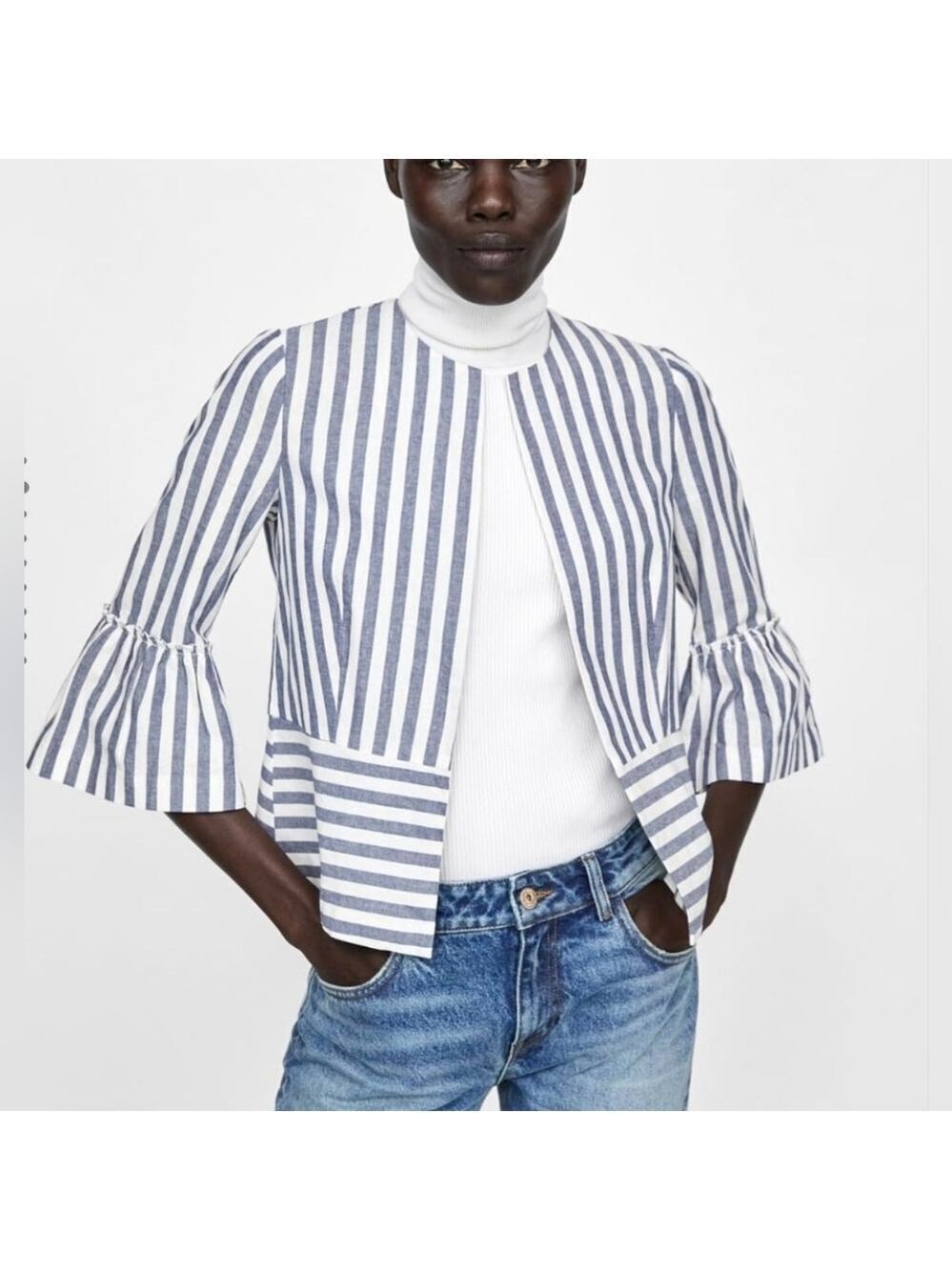 Zara Basics Blue and White Striped Open Jacket Sz. XS Cotton